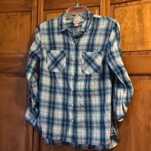 Mossimo Teal & Navy Plaid Button Down Medium
